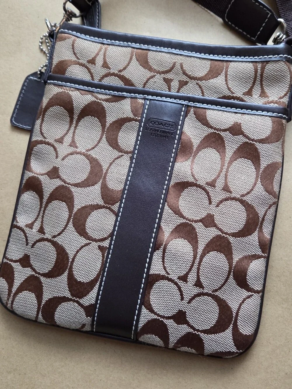 Vintage COACH Signature Stripe Swingpack Crossbody Bag In Brown